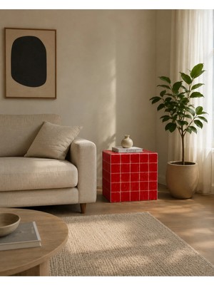 Maison Luré Yan Sehpa Ahşap Kırmızı Küp Sehpa Orta Sehpa