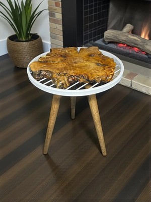 Maison Luré Yan Sehpa Tek Parça Zeytin Ağacı Tasarım Beyaz Üst Çerçeveli Sehpa