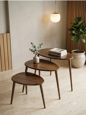 Maison Luré Yan Sehpa Masif Doğal Ahşap Zigon Sehpa 3'lü Set
