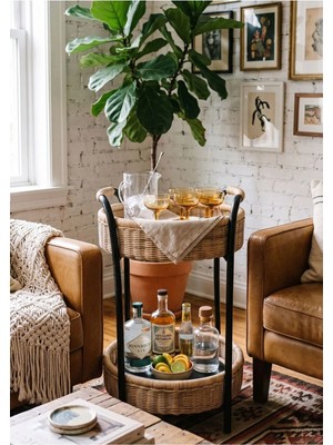 Maison Luré Yan Sehpa Rattan Ahşap 2 Katlı Servis Arabası Hasır Raf 66X41 cm
