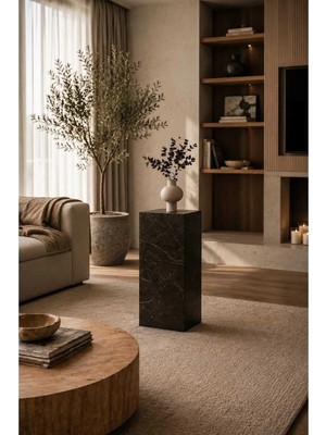 Maison Luré Yan Sehpa Siyah Mermer Desenli Ahşap Kaide Çiçeklik Sütun Süs Objeli Stand 25X25X100