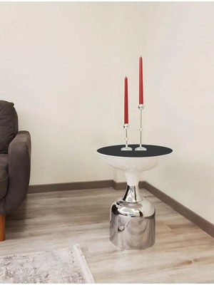 Maison Luré Yan Sehpa Dekoratif Parlak Beyaz Kısa Model Krom Sehpa 50 cm