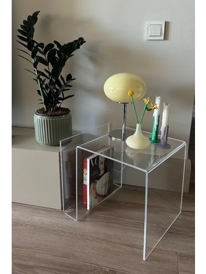 Maison Luré Yan Sehpa Şeffaf Pleksi , Minimal Akrilik Tasarım, Modern Sehpa 38X59X42