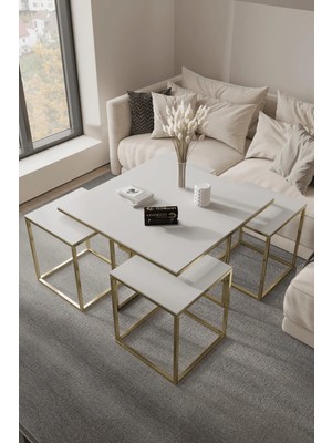 Maison Luré Yan Sehpa Viyana 5'li Gold Iskelet Beyaz Tabla Orta Sehpa Zigon Takımı