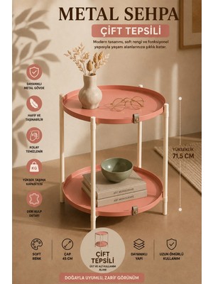 Maison Luré Yan Sehpa Katlanır Orta Yan Yuvarlak Sehpa Metal Ayak 44 cm Tepsi Deri Kulplu