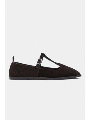 Nişantaşı Shoes Mabel Bitter Kahve Iç-Dış Süet Deri Toka Detaylı Düz Taban Kadın Babet