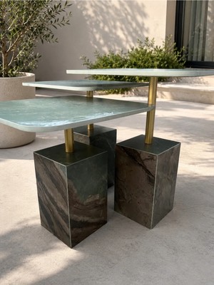 Maison Luré Yan Sehpa 3’lü Porselen Zigon Sehpa Gold Metal Detaylı