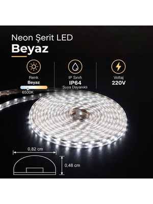 Ema Dükkan 220V Fişli Dış Mekan Şerit LED Beyaz 6500K IP64 Su Geçirmez - Metrede 120 LED Bahçe, Balkon ve Tavan Hortum LED