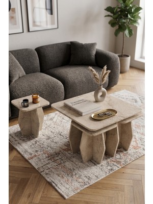 Bezos Orta Sehpa ve Zigon Sehpa 5'li Set Modern Çok Amaçlı Salon Oturma Odası Yan Sehpa 9249 Traverten