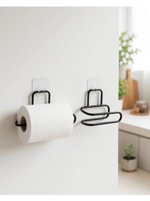 Maison Luré Banyo Askısı 2’li Siyah Metal Rulo Kağıt Tutucu Yapışkanlı Kağıtlık