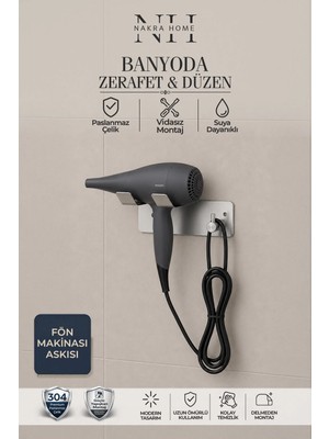 Maison Luré Banyo Askısı Paslanmaz Çelik Yapışkanlı Fön Makinesi Askılığı