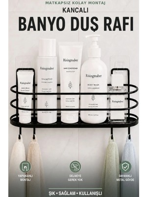 Maison Luré Banyo Askısı Siyah Metal Banyo Düzenleyici Raf, Şampuanlık ve Duş Rafı, 4 Askılı