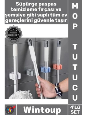 Maison Luré Banyo Askısı Duvar Askısı Banyo Düzenleyici Süpürge Paspas Mop Tutucu 4'lü Set
