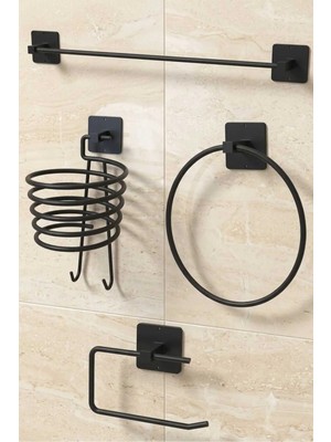 Maison Luré Banyo Askısı 4 Lü Siyah Fön Makinesi Askısı Havlu Askısı Tuvalet Kağıtlık Havluluk Set