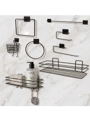 Maison Luré Banyo Askısı 9'lu Set Siyah Fön Makinesi Askısı Havluluk Wc/tuvalet Kağıtlık Rulo Havlul