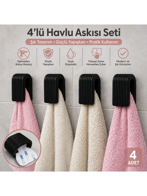 Maison Luré Banyo Askısı 4'lü Yapışkanlı Havlu Askısı Seti | Banyo Mutfak Havlu Tutucu