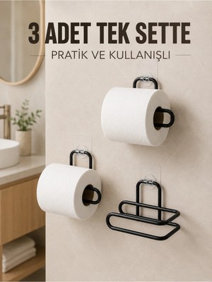 Maison Luré Banyo Askısı 3 Adet Siyah Yapışkanlı Duvar Tipi Rulo Kağıt Tutucu Seti