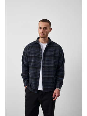 Valiberta Brandon Relaxed Fit Pamuklu Geniş Çizgili Oduncu Erkek Gömlek - Lacivert