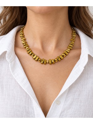 Alnis Atelier Gold Hematit Doğal Taş Kadın Kolye | Amorf Kesim Mini Dorika Detaylı Özel Tasarım