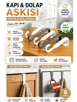 Maison Luré Banyo Askısı 6'lı Duşakabin, Kapı ve Dolap Üstü Askı Kancası Seti