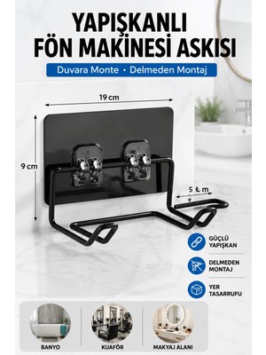 Maison Luré Banyo Askısı Siyah Yapışkanlı Fön Makinesi Askısı Duvara Monte Tutucu