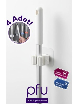 Maison Luré Banyo Askısı Yapışkanlı Mop Temizlik Fırçası Tutucu Organizer 4 Lü