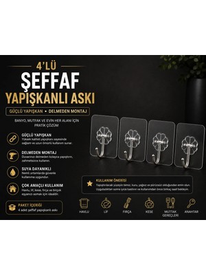 Maison Luré Banyo Askısı 4'lü Şeffaf Yapışkanlı Askı – Duvar Askısı – Delmeden Montaj