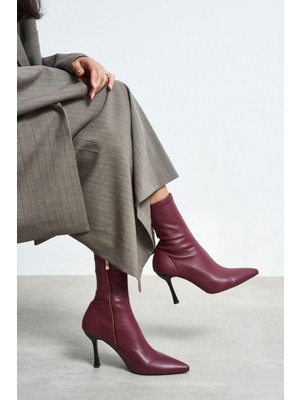 Nişantaşı Shoes Palma Bordo Mat Streç Sivri Burun Ince Topuk Kadın Bot