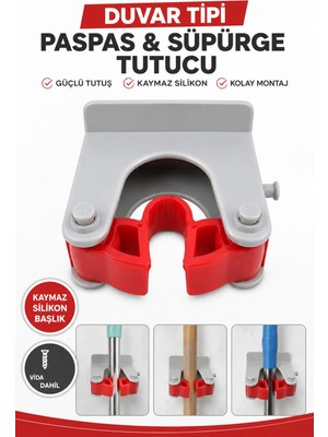 Maison Luré Banyo Askısı Yapışkanlı Duvar Tipi Mop Tutucu Fırça Süpürge Organizer