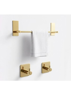 Maison Luré Banyo Askısı Parlak Gold 3'lü Banyo Seti Havlu Askısı + 2 Kanca