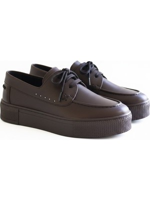 Ne&Ve Shoes Kahve Deri Kadın Günlük Rahat Bağcıklı Ayakkabı