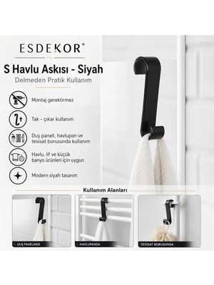 Maison Luré Banyo Askısı Delmeden Tak Çıkar Banyo Havlu Askısı Siyah