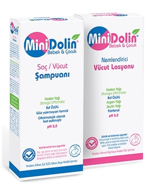 Dermadolin Minidolin Bebek Çocuk Saç ve Vücut Şampuanı 250 ml + Nemlendirici Vücut Losyonu 250 ml Göz Yakmayan Formül