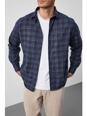 Valiberta Dragon Relaxed Fit Pamuklu Kareli Flanel Erkek Gömlek - Mavi