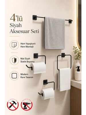 Maison Luré Banyo Askısı Jasmin Kare Siyah Yapışkanlı 4'lü Banyo Seti