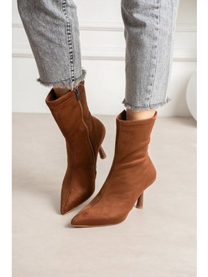 Dabab Shoes MARYA Kadın Kahve Streç Lüks Süet Sivri Burun Sıcak Astarlı Fermuarlı 7 Cm İnce Topuklu Bot Bootie