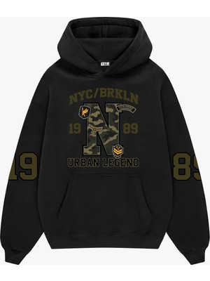 Sekizbiraltı Urban Legend Baskılı Siyah Oversize Unisex Hoodie