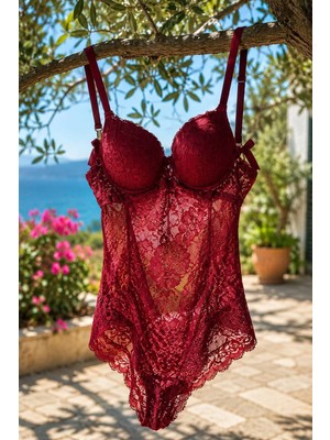 Loveria Bordo Destekli Dantel Detaylı Babydoll