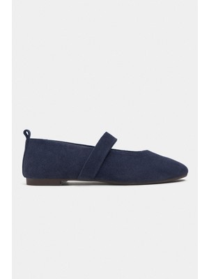 Nişantaşı Shoes Tectum Lacivert Süet Deri Orta Bantlı Düz Taban Kadın Babet