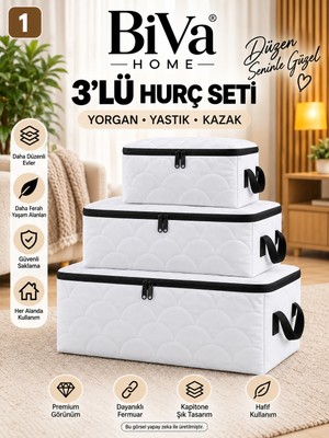 Biva 3’lü Büyük Boy Premium Kapitone Hurç Seti 100X50X50 80X40X40 50X35X35 cm Fermuarlı Yorgan Yastık Kazak Saklama