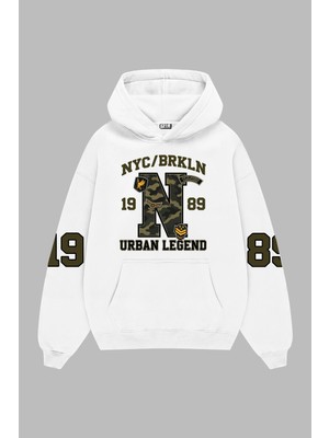 Sekizbiraltı Urban Legend Baskılı Beyaz Oversize Unisex Hoodie