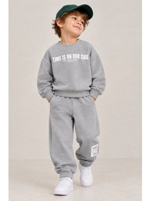 Cg Kids Time Baskılı Gri Sweatshirt Lastikli Paça Eşofman Alt Üst Takım 3iplik Süper Kalite