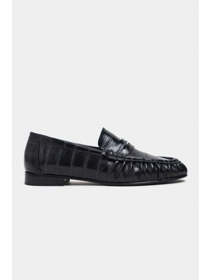 Nişantaşı Shoes Capri Siyah Su Yolu Kroko Hakiki Deri Düz Taban Kadın Loafer Ayakkabı