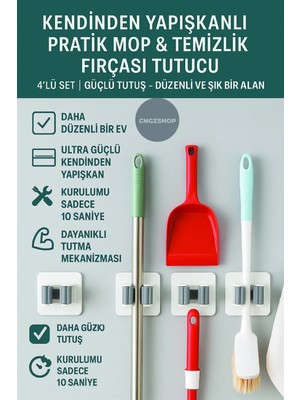 Maison Luré Banyo Askısı Kendinden Yapışkanlı Pratik Mop Temizlik Fırçası Tutucu 4'lü Set