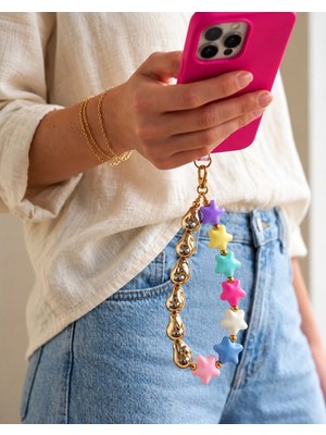 Les Petites Mains Renkli Yıldız Boncuklu Gold Detaylı Telefon Charmı ve Telefon Askısı