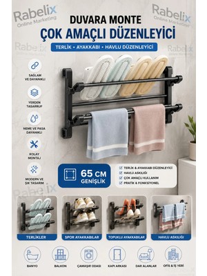Maison Luré Banyo Askısı Duvara Monte Siyah Katlanır Terliklik Ayakkabılık Havlu Askılığı 65 cm