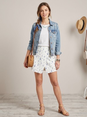 Pazen Moda Kadın Kaktüs Desenli Önü Kruvaze Beyaz Mavi Mini Şort Etek