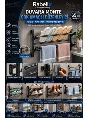 Maison Luré Banyo Askısı 65 cm Duvara Monte Terliklik Ayakkabılık Havluluk Organizer Siyah