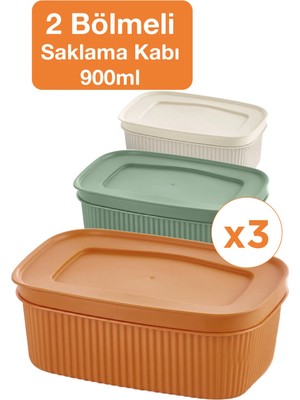 Maison Luré Saklama Kutusu 3'lü Bölmeli Saklama Kabı Seti 900 ml 2 Bölmeli Kapaklı Beslenme Kutusu