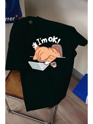 Oksit Yorgun Kedi Illüstrasyonlu Unisex Tasarım Tişört